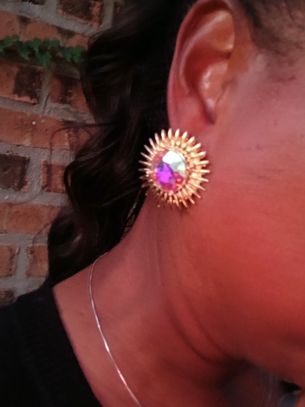 Gold Sunburst Stud Earrings with Iridescent Pink Center